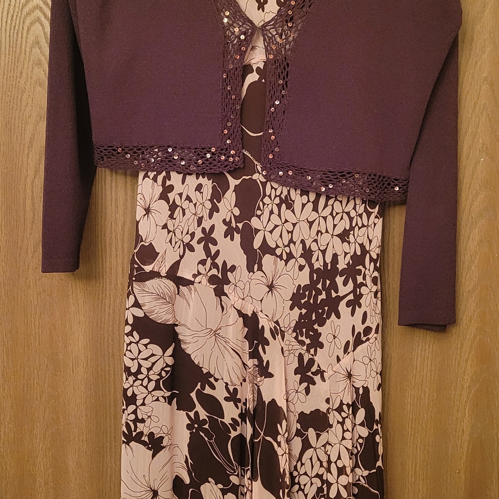 Elegant Pink And Brown Floral Dress with Bolero